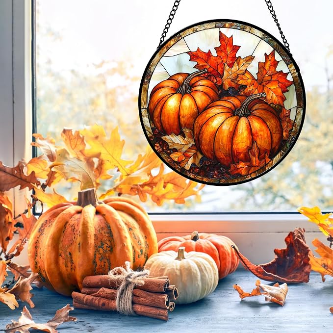DASTOLL Stained Glass Window Hanging, Pumpkin Maple Leaf Suncatcher for Doors Home Sun Catchers Decoration and Christmas, Mother's Day Birthday Gifts for Women, Men, and Mom 6.3 in