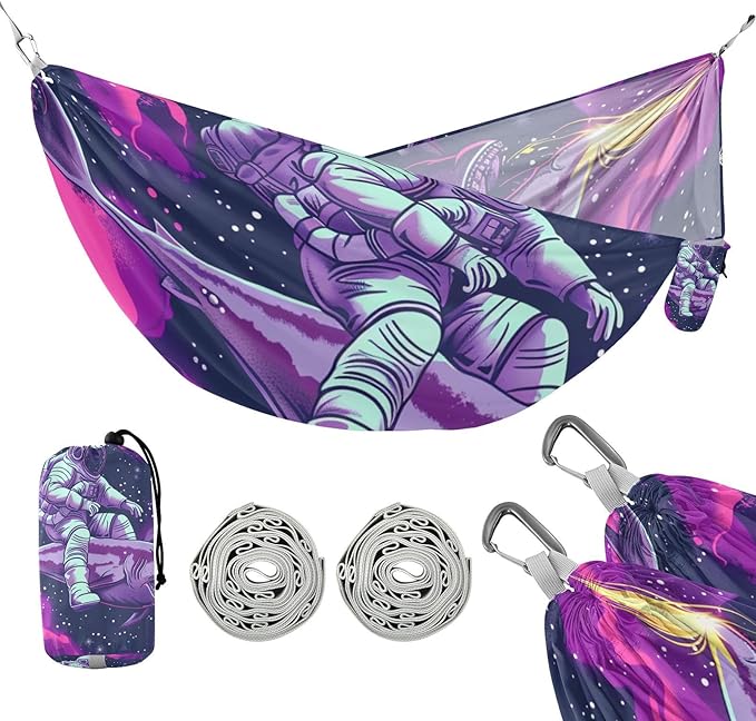 Cartoon Cool Astronaut Riding Shark Psychedelic Galaxy Outer Space 330lb Capacity Camping Hammocks with Hanging Rope Indoor Hammock for Outside Camping Essentials Base para hamacas