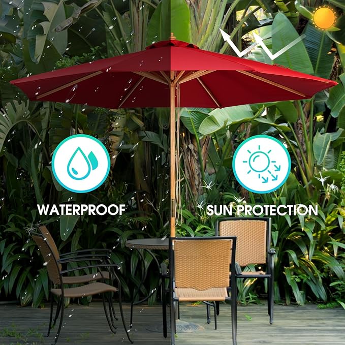 9ft Bamboo Umbrella, Outdoor Patio Umbrella, Waterproof Market Umbrella, 8 Ribs Table Umbrella with Pulley Lift for Garden, Deck, Pool, lawn, Backyard