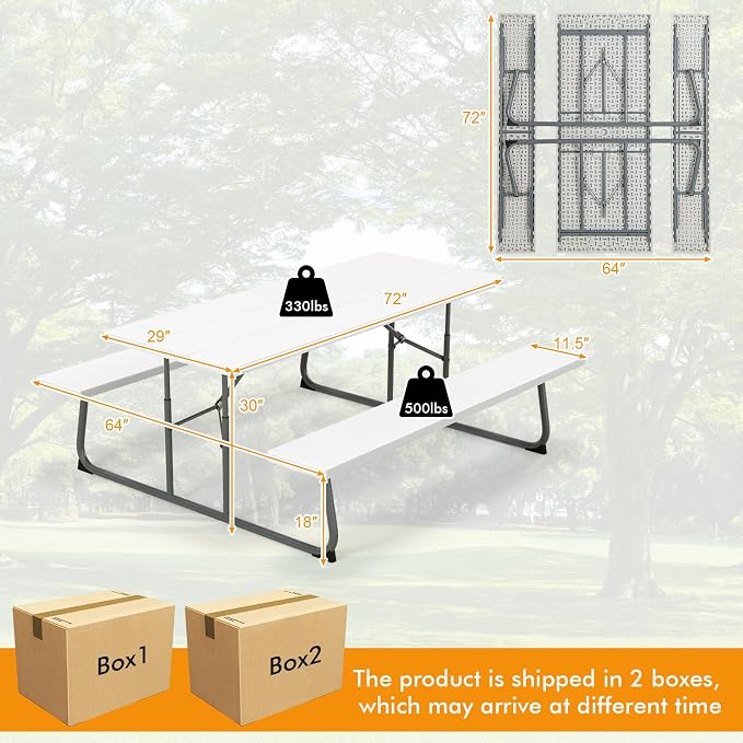 Tangkula 6 Ft Folding Picnic Table, Outdoor 8 Person Large Picnic Table Set with 2 Built-in Benches, Umbrella Hole, Metal Frame & HDPE Tabletop for Garden, Backyard (White)
