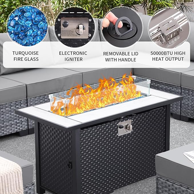 WAROOM Outdoor Patio Furniture Set 9 Pieces Gray Rattan Sectional Sofa PE Wicker Conversation Couch Sets with Propane Fire Pit Table, Anti-Slip Thick Grey Cushion