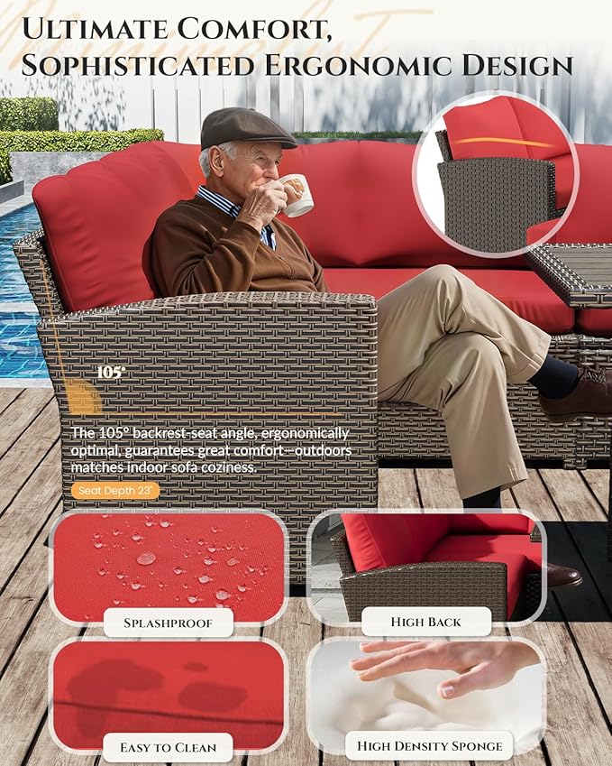 U-MAX 7 Pieces Patio Furniture Set with Waterproof Cover, Outdoor Sectional Sofa Conversation Set, All Weather Wicker Rattan Dining Table & Chair with Ottoman, Brown Rattan&Red Cushion