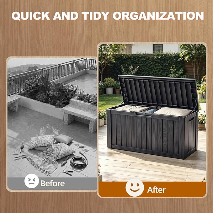 EFU Outdoor Storage Box 140 Gallon Deck Box (Indoor & Outdoor) Lockable UV Resistance Waterproof Resin Storage Bin Storage Box for Outdoor,Patio Storage With Support Rod(Black)