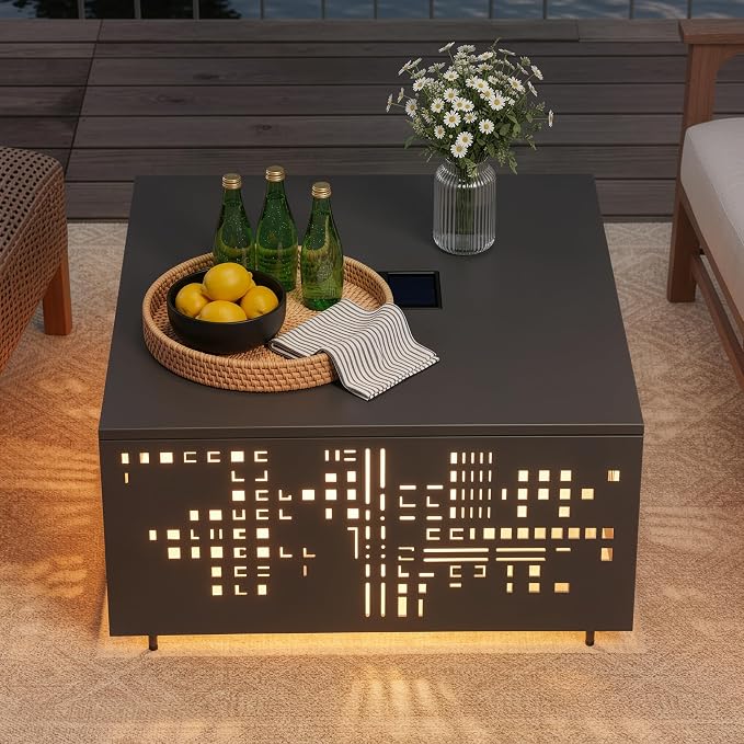 CAODOC 27" Square Outdoor Coffee Table with Umbrella Hole & Solar Light, Rust-Proof Metal Patio Table, Small Minimalist Low Accent Table for Living Room, Balcony, Deck, Backyard, Black