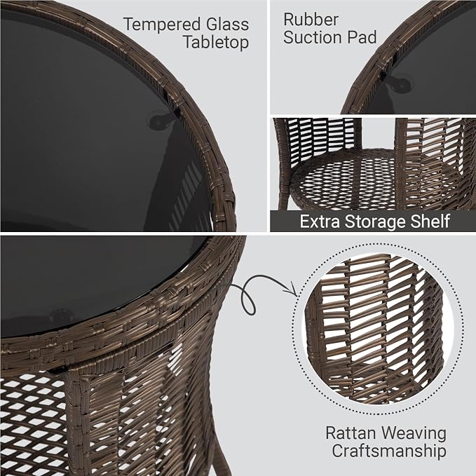 Outdoor Side Table - Patio Wicker End Table with Extra Storage Shelf, Rattan Outdoor Side Table with Round Glass Tabletop for Garden, Backyard, Porch, Black Gold