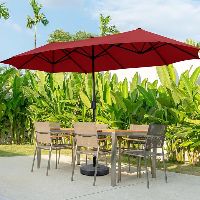 13Ft Large Patio Umbrella with Base Outdoor Double-Sided Market Extra Large Table Umbrella Easy Crank for Yard, Poolside, Deck-Red
