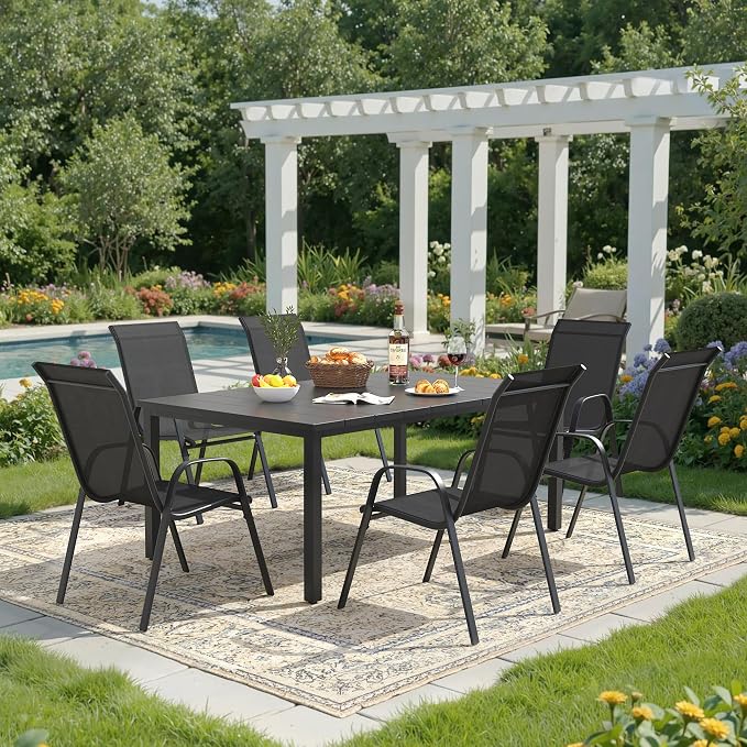 DIFY 7 Piece Outdoor Dining Set, 63" Black Rectangle Metal Patio Table and Dark Grey Textilene Stackable Chairs for 6, All Weather Patio Furniture Set with Umbrella Hole for Backyard Garden Deck