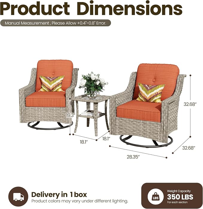 3 Piece Patio Furniture Set, Outdoor High Back Swivel Rocker Chairs Set of 2 with Side Table, All Weather Wicker Glider Chair with Thick Cushions for Backyard Balcony Porch, Orange