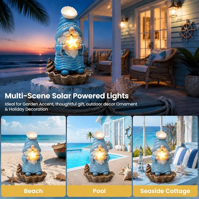 GIGALUMI Garden Gnome Statue, Solar Gnomes Ocean Themed Outdoor Decor, Decoration for Patio Yard Lawn Beach Room, Christmas/Birthday Gift for Mom Women