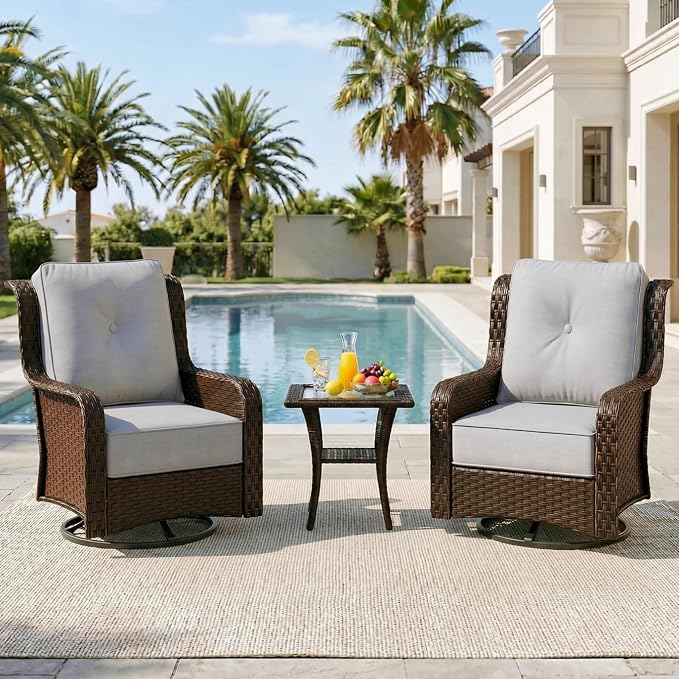 Sundale Outdoor 3 Piece Patio Furniture Set with Side Table, Wicker Outdoor Swivel Chairs with 6" Cushions, High Back Rattan Patio Conversation Sets with Deep Seating for Porch, Yard (Grey)