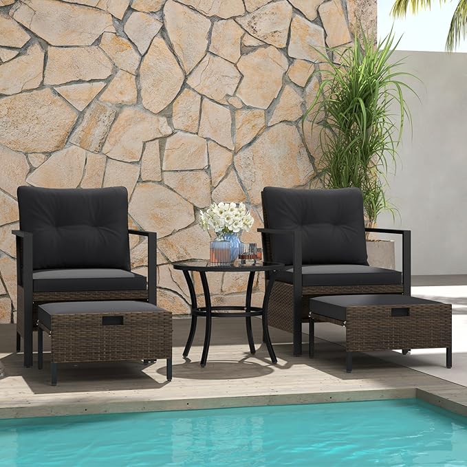 Tangkula 5 Piece Outdoor Furniture Set, Rattan Chairs & Ottomans w/Round Glass Topped Coffee Table, Space Saving Cushioned Patio Conversation Set for Backyard, Poolside (Black)