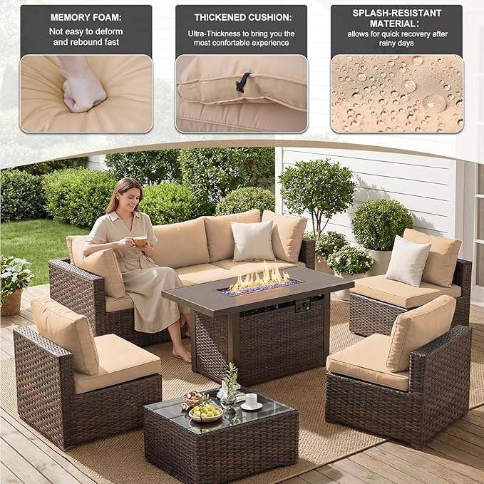 8 Pieces Outdoor Sectional Patio Furniture Set with Fire Pit Table,PE Rattan Wicker Patio Sectional Conversation Set with Cushions and Glass Coffee Table Beige