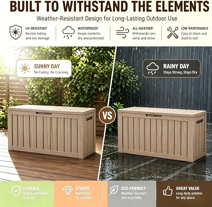152 Gallon Outdoor Deck Storage Box, Large Waterproof Resin Patio Storage Box, Lockable Bench Seat Holds 2 Adults, for Garden Tools, Cushions & Pool Floats, UV & Rust Resistant, Gray Brown