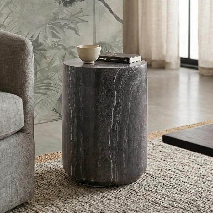 24/7 Shop at Home Ranera Modern 14-inch Natural Stone Side Table with Round Drum Base, Marble Nightstand, Patio End Table, for Living Room, Covered Outdoor Spaces, Balcony, Warm Gray Travertine