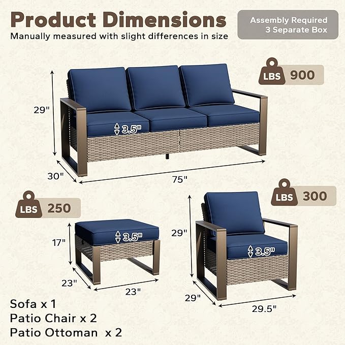 5 Pieces Metal Wicker Patio Furniture Set - 75" Sofa, Two Armchairs and Two Ottomans, All Weather Rattan Outdoor Conversation Furniture with Washable Cushion for Deck Porch, Dark Blue