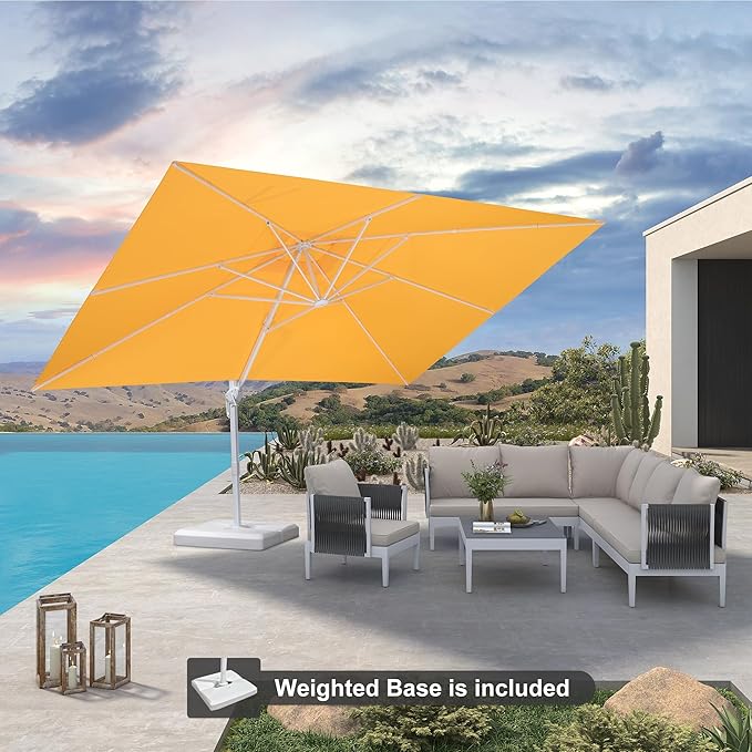 PURPLE LEAF 10' × 13' Patio Umbrella With Base White Cantilever Umbrella Square Outdoor Offset Umbrella Windproof with 360° Rotation for Garden Deck Pool, Yellow
