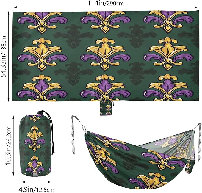 Hammocks for Outside Mardi Gras Fleur De Lis Camping Hammock Portable Hammocks with Tree Straps and Carry Bag Camping Accessories for Hiking Beach Outdoor