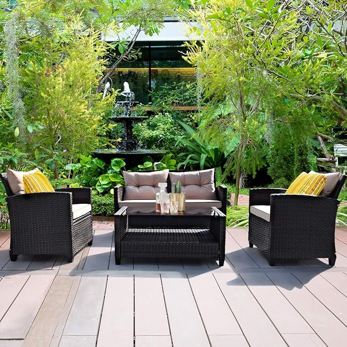 HAPPYGRILL 4-Piece Patio Conversation Set Rattan Wicker Chair Furniture Set with 1 Loveseat, 2 Single Sofas, 1 Coffee Table, Outdoor Indoor Furniture Sets for Backyard Porch Garden Poolside Balcony