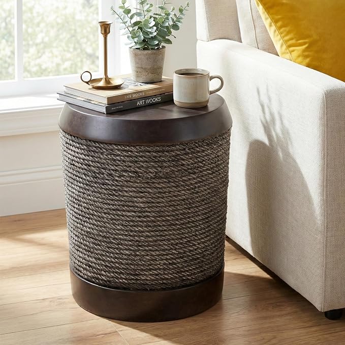 Retro Outdoor Side Table Round Concrete Side Tables with Simulated Braided Rope Finish, Cylindrical Patio End Table for Living Room Garden Balcony,Fully Assembled,Dark Brown