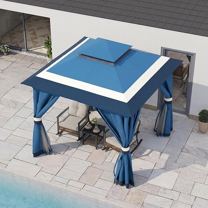 LAUSAINT HOME Patio Gazebo 8'x8', Outdoor Heavy Duty Party Tent Shelter with Double Roofs, Mosquito Nettings and Privacy Screens for Backyard, Garden, Lawn, Steel Blue