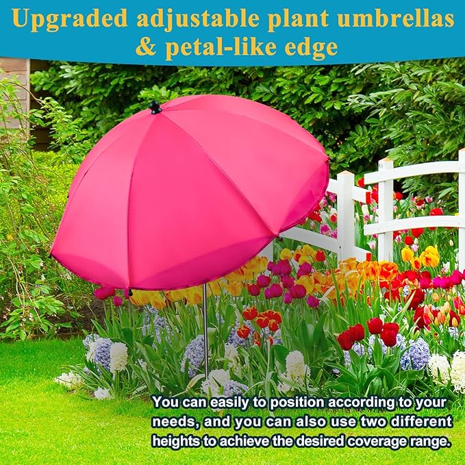 Voccos Upgraded Plant Umbrellas for Outdoor Plants 50" Tall 26" Canopy Adjustable Angle Garden Bed Shade Cover with Sturdy Metal Stake & UV Protection Plant Cover for Potted Plants Flower Pot