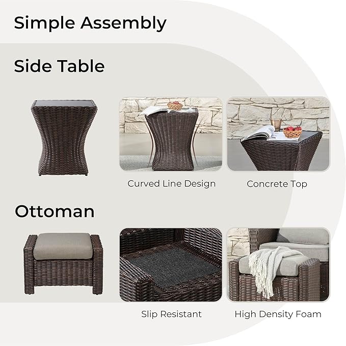 CHITA 5 Pieces Swivel Wicker Patio Furniture Set, Outdoor Conversation Set with 2 Pieces Rattan Rocking Swivel Chairs, 2 Pieces Ottomans, Thickened Cushions and Side Table