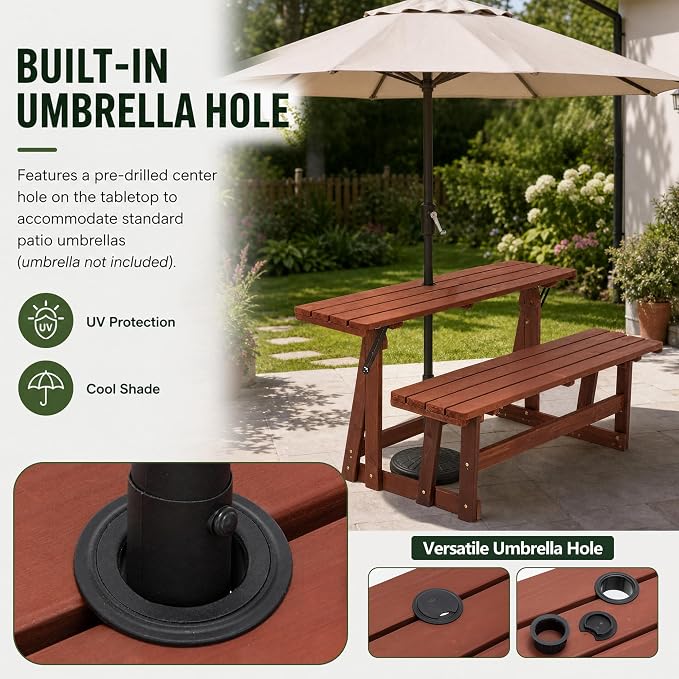 Outdoor Picnic Table 55×29×37"2 in 1 Convertible Wood Bench,UV Protection and Cool Shade Lifetime Camp Stand with Built-In Umbrella Hole,Adjustable Backrest Convert a Patio Dining Set into a Long Seat