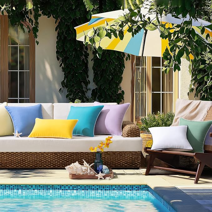 Phantoscope Pack of 2 Outdoor Waterproof Throw Pillow Covers Decorative Square Cushion Case Patio Pillows for Couch Tent, Foggy Blue 12x20 inches