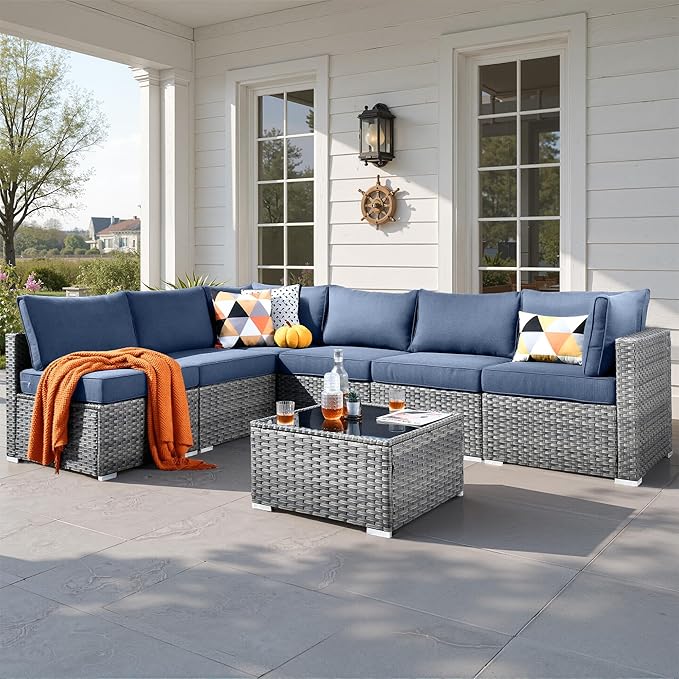7 PCS Outdoor Patio Furniture Sets,Wicker Weather Resistant Patio Conversation Set with Comfy Cushions,Modular L Shaped Sofa with Coffee Table for Yard Backyard Porch Garden Poolside,Denim Blue