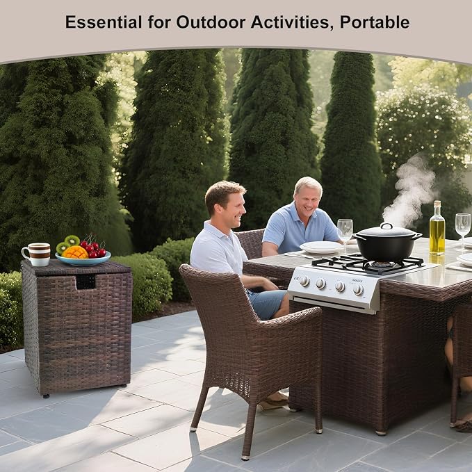 20 LB Wicker Propane Tank Cover Table, Weatherproof Outdoor Propane Tank Hide with Adjustable Feet,Perfect for Backyard, Balcony and Poolside（Brown）
