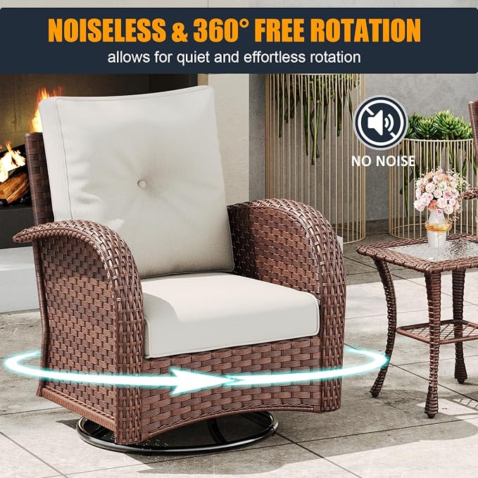 7 Pieces Outdoor Wicker Patio Swivel Rocking Chairs, All Weather Wicker Conversation Set with 44" Fire Pit Table