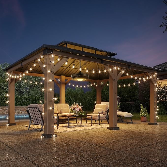 Aoxun 12' x 20' Outdoor Wood Gazebo, Hardtop Gazebo with Galvanized Steel Roof, Permanent Wooden Pavilion with Ceiling Fan, for Backyard, Cedar Wood, Grey