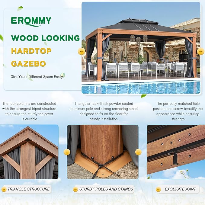 EROMMY 12' x 16' Hardtop Gazebo Outdoor Aluminum Wood Grain Gazebos with Galvanized Steel Roof and Mosquito Net for Patios, Deck, Backyard, Curtains&Netting