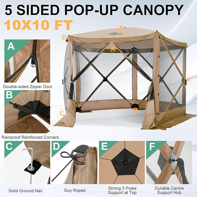 COBIZI 10x10 FT Pop up Gazebo, Popup Canopy tent,Screened In Gazebos with sidewalls, Waterproof Portable Outdoor Small Screen tents Sun Shelter,carpas para patio for Camping, Garden and Backyard,Khaki