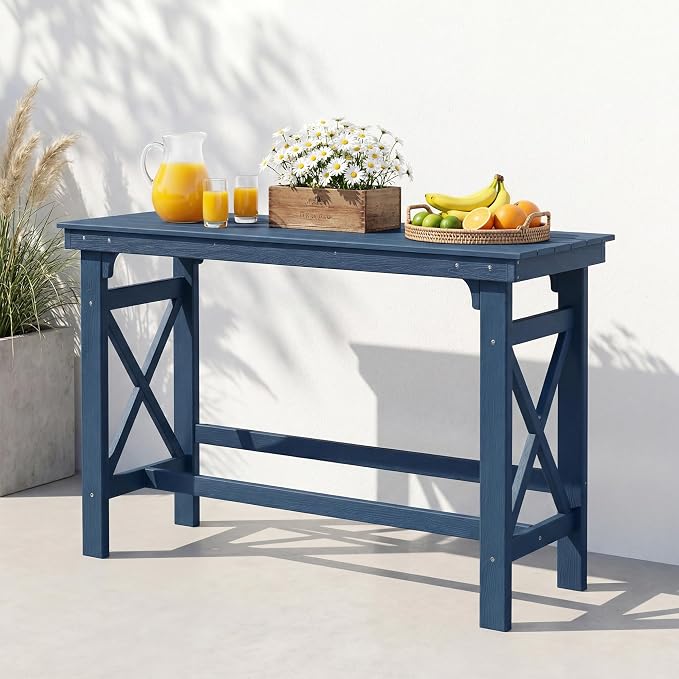 60" HDPE Outdoor Bar Table, Rectangle Patio Bar Height Counter Table, All-Weather Adirondack Outdoor Pub Table, Waterproof Patio Bar Table for Outside, Garden, Backyard, Deck, Blue