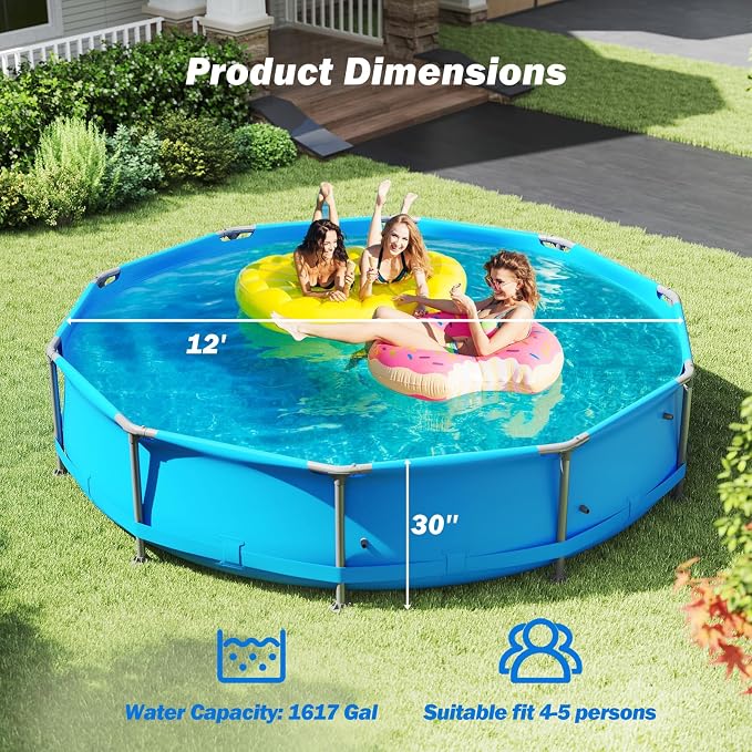 Goplus Above Ground Swimming Pool, 12' x 12' x 30'' Metal Frame Family Pool Set w/PVC Fabric, 3 Stoppers, Drainage Valve Connector, for Outdoor, Backyard, Garden, Patio (12' Round, 1617 Gal, Blue)