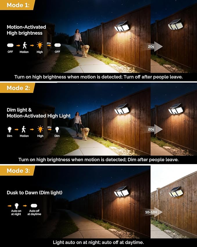 Brightown 3 Pack Solar Outdoor Lights with Motion Sensor, 223 LED 3 Head 270° Wide Angle Street Area Security Lights with Remote, IP65 Waterproof Flood Wall Lights with 3 Modes for Yard Outside