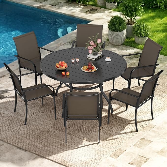 7-Piece Patio Dining Set,6 Person Outdoor Table and Chairs Set, 6 Metal Dining Chairs and Round Outdoor Table with 1.57" Umbrella Hole,Khaki