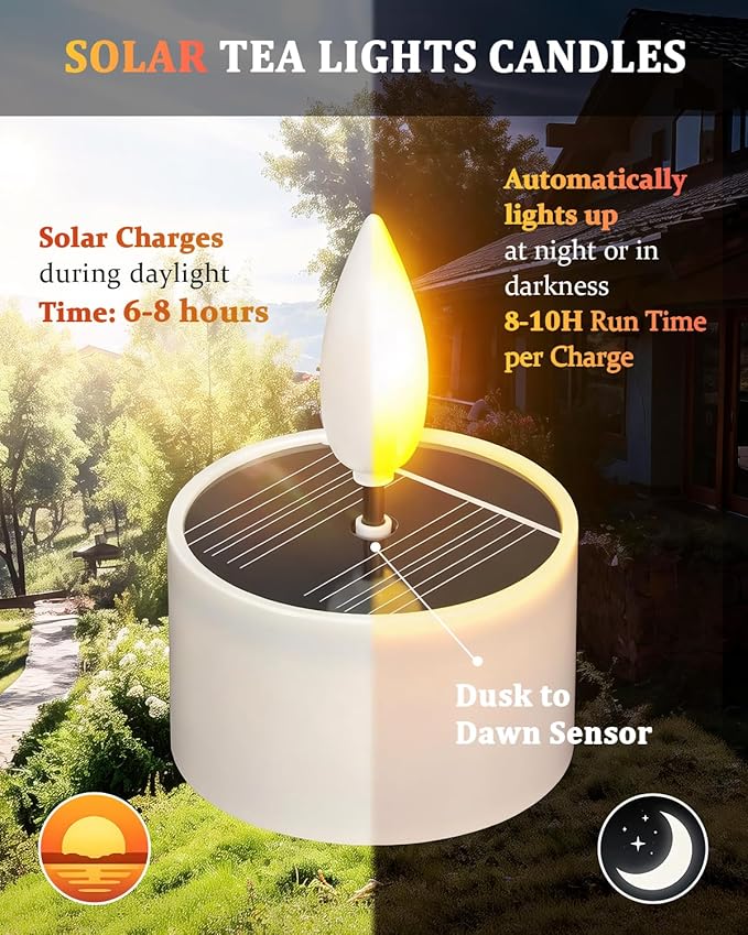 SoulBay Solar Tea Lights Outdoor Waterproof, 6 Pack Small Flameless Flickering Small Bright LED Candles Lights with Dusk to Dawn Sensor for Lanterns Window Chandelier Garden Patio Deck Décor