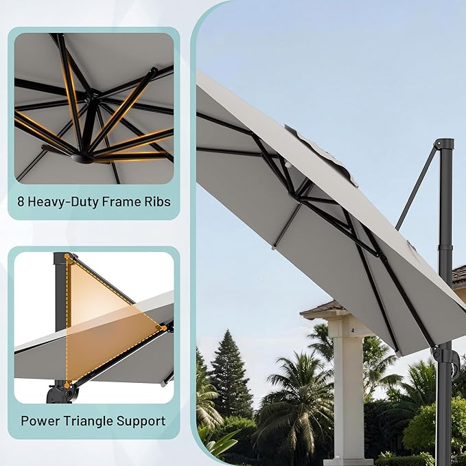 AreShark 9 X 9 FT Cantilever Patio Umbrella, 360-Degree Rotation Square Hanging Offset Umbrella with Crank, Heavy Duty Patio Umbrella for Patio, Pool, Garden, Deck, Light Grey