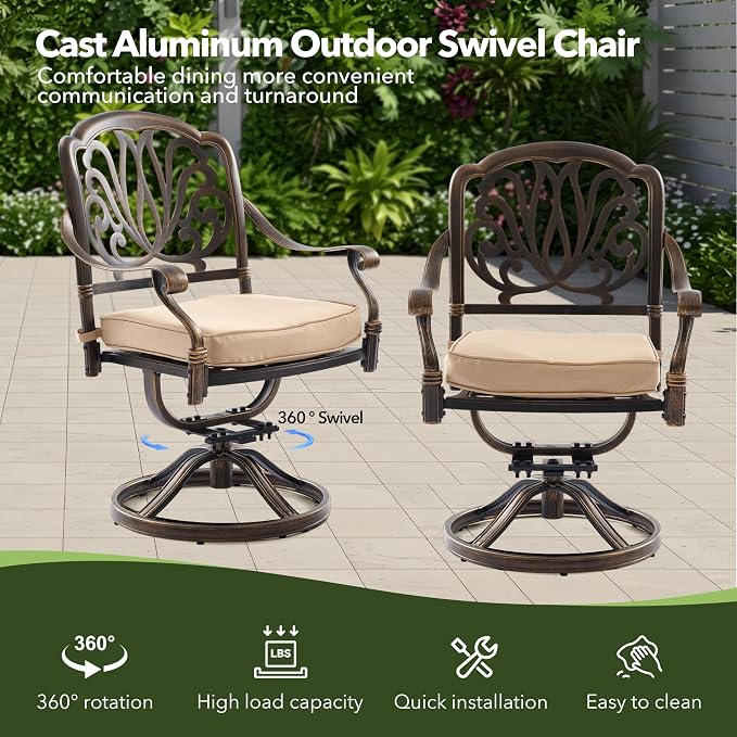 5-Piece Cast Aluminum Outdoor Table and Chairs, Classic Vintage Patio Dining Set for 4 Include 54.5" Round Dining Table and 4 Swivel Chairs with Removable Cushion and Umbrella Hole