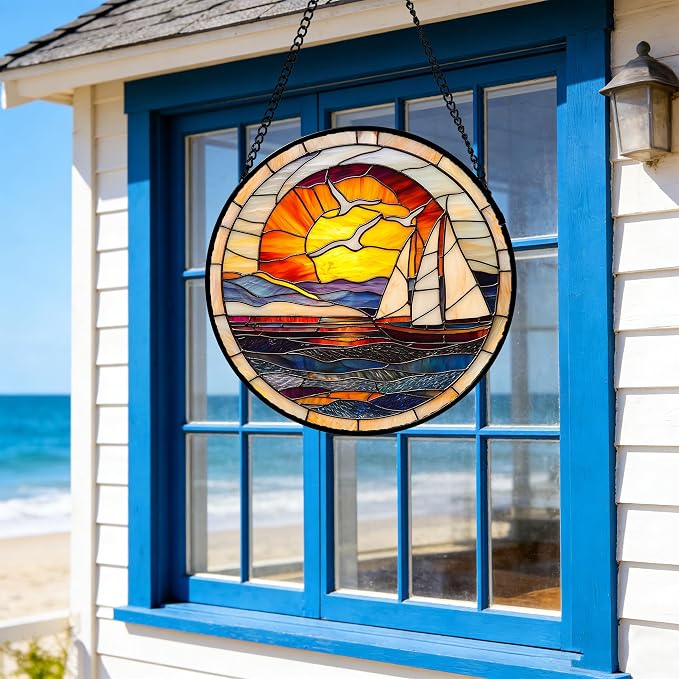 DASTOLL Stained Glass Window Hanging, Sun Ocean Sailboat Seagull Abstract Suncatcher Diamond Glass Panel Sun Catchers Decor for Birthday for Women, Men, Wife, Aunt, and Mom 6.3 in