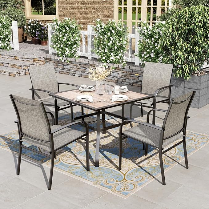 HERA'S HOUSE Patio Table and Chairs for 4, 5 Pieces Outdoor Deck Dining Sets, Square Metal Table Set with Chairs for Lawn Garden Backyard, Brown