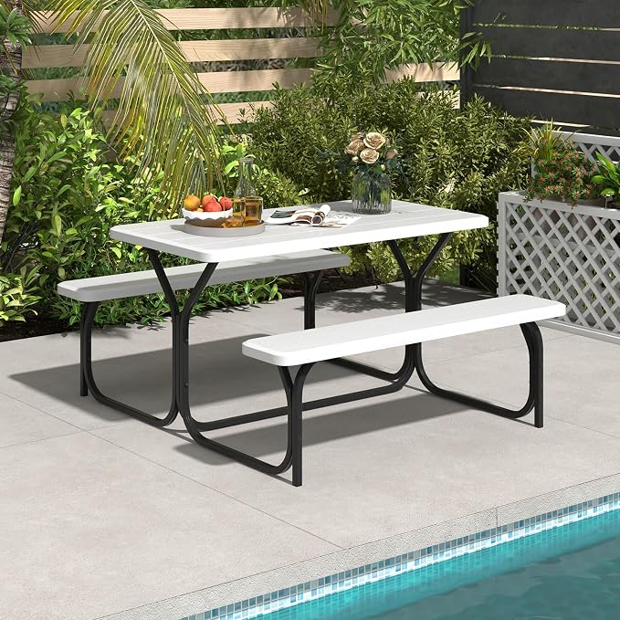 S AFSTAR Picnic Table Bench Set, 59” Expanded Rectangular Picnic Table, Outdoor Table and Bench W/Steel Frame & Wood-Like Texture Tabletop, Camping Table Chair Set for Garden Patio Lawn Deck (White)