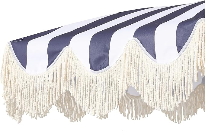 JONATHAN Y Mariner 6.5 ft. Beach Umbrella, Navy/White Striped with Fringe, Push-Button Tilt, UPF 50+ Sun Protection and Carrying Bag for Patio and Pool, White Pole UMB1003N