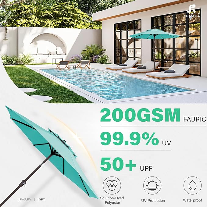 JEAREY 9' 2-Tiers Patio Umbrellas Outdoor Table Market Umbrella w/Push Button Tilt/Crank, 8 Sturdy Ribs, UV Protection Waterproof Sunproof(Teal)