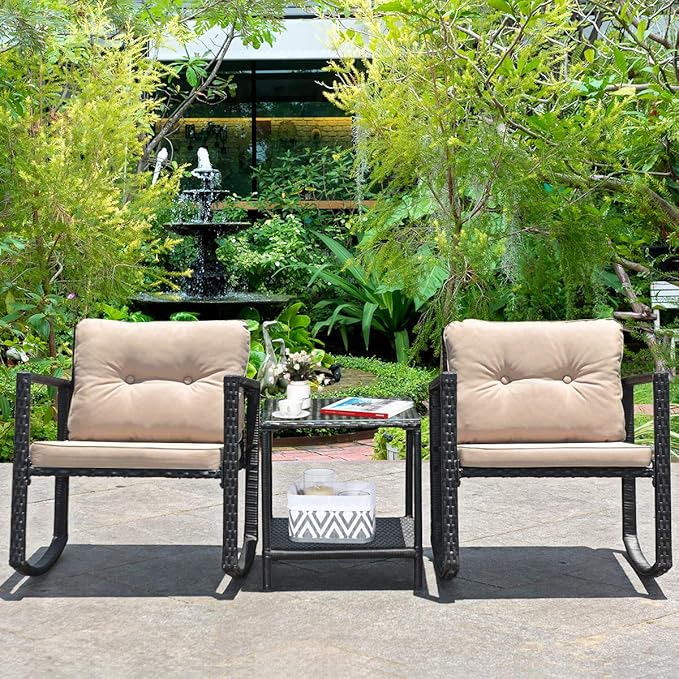 Tangkula 3 Pieces Patio Wicker Rocking Set, Outdoor Rocking Chairs and Table Set with Cushions, Glass Coffee Table with Storage Shelf, Suitable for Patio, Garden, Poolside, Balcony (Beige)