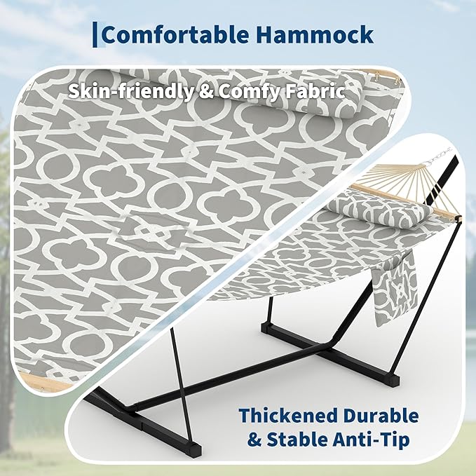GarveeLife Outdoor Double Hammock with Heavy Duty Adjustable Steel Stand, Portable 2 Person Hammock for Patio Garden Beach Backyard