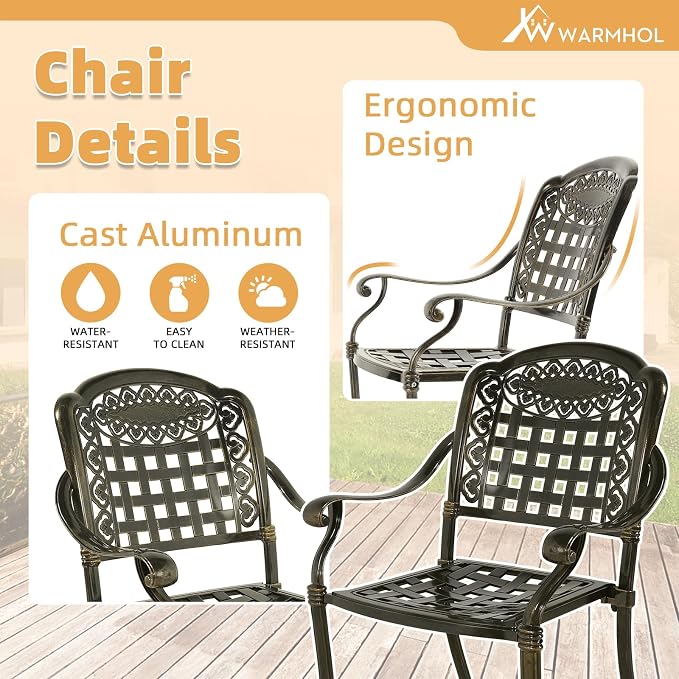 9-Piece Patio Furniture Dining Set, All Weather Cast Aluminum Outdoor Conversation Set- 61" Round Patio Dining Table with Detachable Lazy Susan & 8 Chairs, 2" Umbrella Hole, Dark Bronze