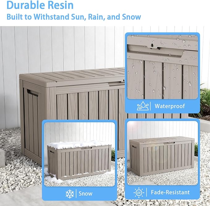 Pepe Tee 80 Gallon Waterproof Resin Deck Box, Outdoor Storage Bin for Patio Furniture Cushions, All-Weather Garden Organizer & Seating Bench, Coffee